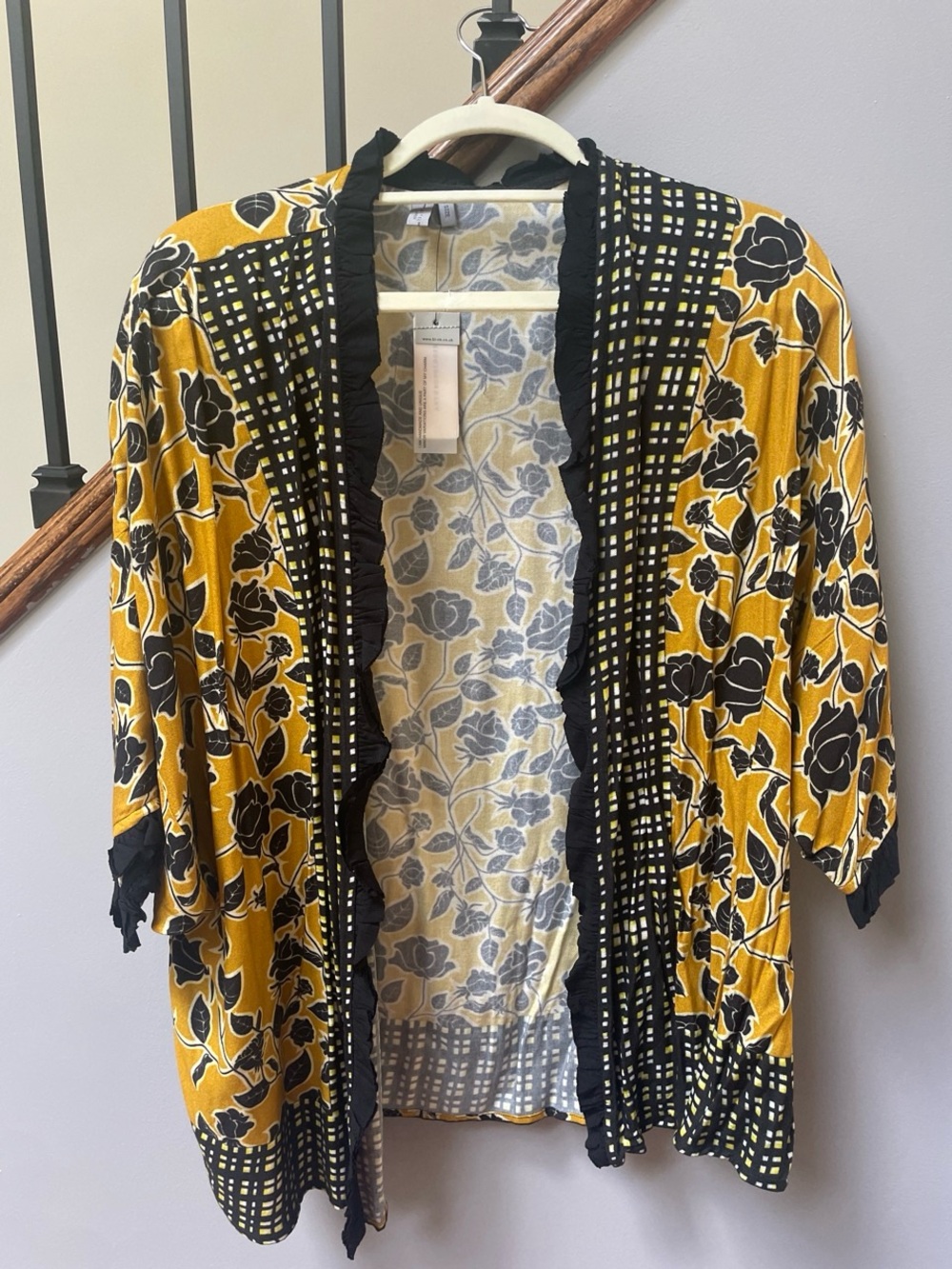 Anthropologie Mustard Yellow and Black Floral Open-Front Kimono